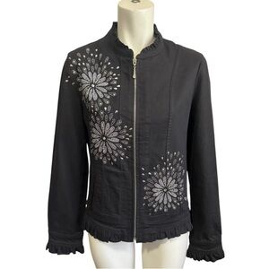 CHRISTINE ALEXANDER Black Denim Swarovski Embellished Ruffled Jacket Size Medium